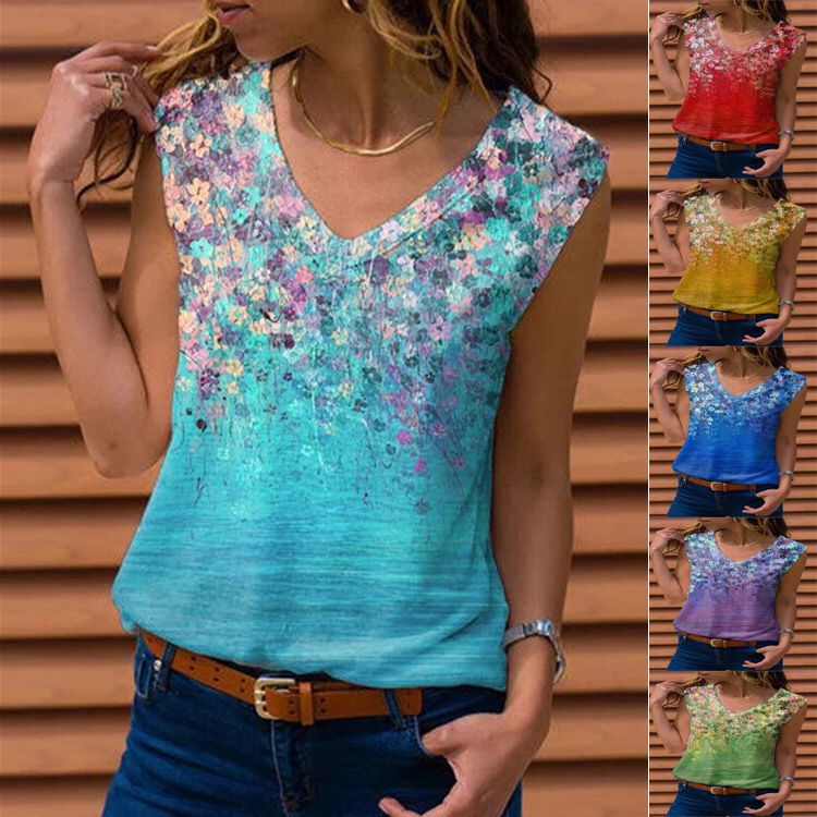 2022Summer New V-neck Printed Sleeveless Vest Top印花无袖背