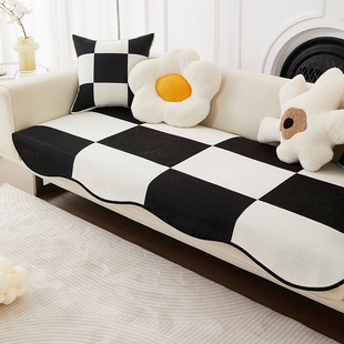 沙发垫四季通用轻奢风异形不规则客厅坐垫黑白格子防滑沙发盖布巾