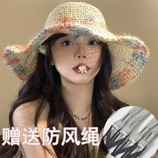 夏季大帽檐草帽海边度假遮阳防晒帽彩虹手工编织渔夫帽女新款帽子