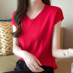 打底衫女薄款红色本命年夏季2024欧货冰丝针织宽松V领短袖T恤上衣