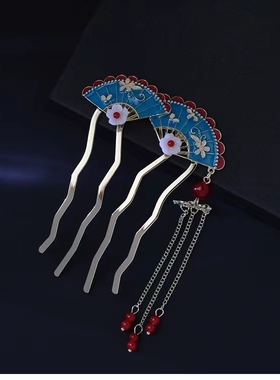 古风汉服头饰配饰复古蓝蝴蝶流苏发钗扇形小众设计感发饰簪子发夹曼尔