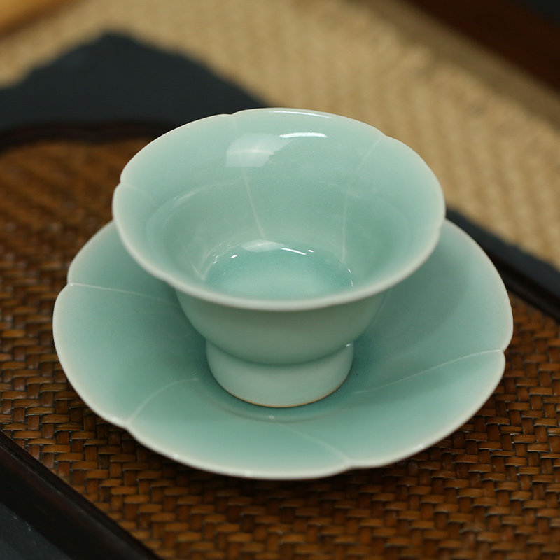 龙泉青瓷叶坞底窑纯手工作品荷花杯主人杯品茗杯带杯垫弟窑茶杯