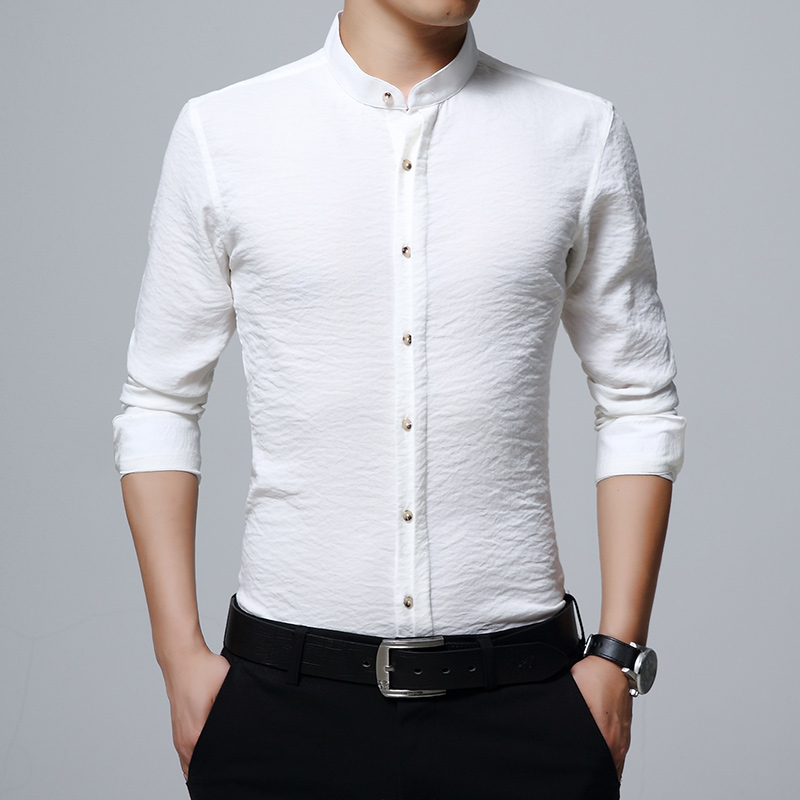 夏季新款男士雪纺立领长袖衬衫修身韩版弹力褶皱复古圆领衬衣男潮
