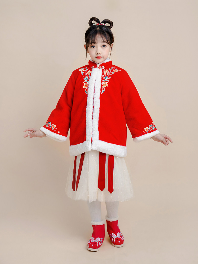 女童 冬季新款 高端国风汉服拜年服 红色精致绣花加绒毛呢外套