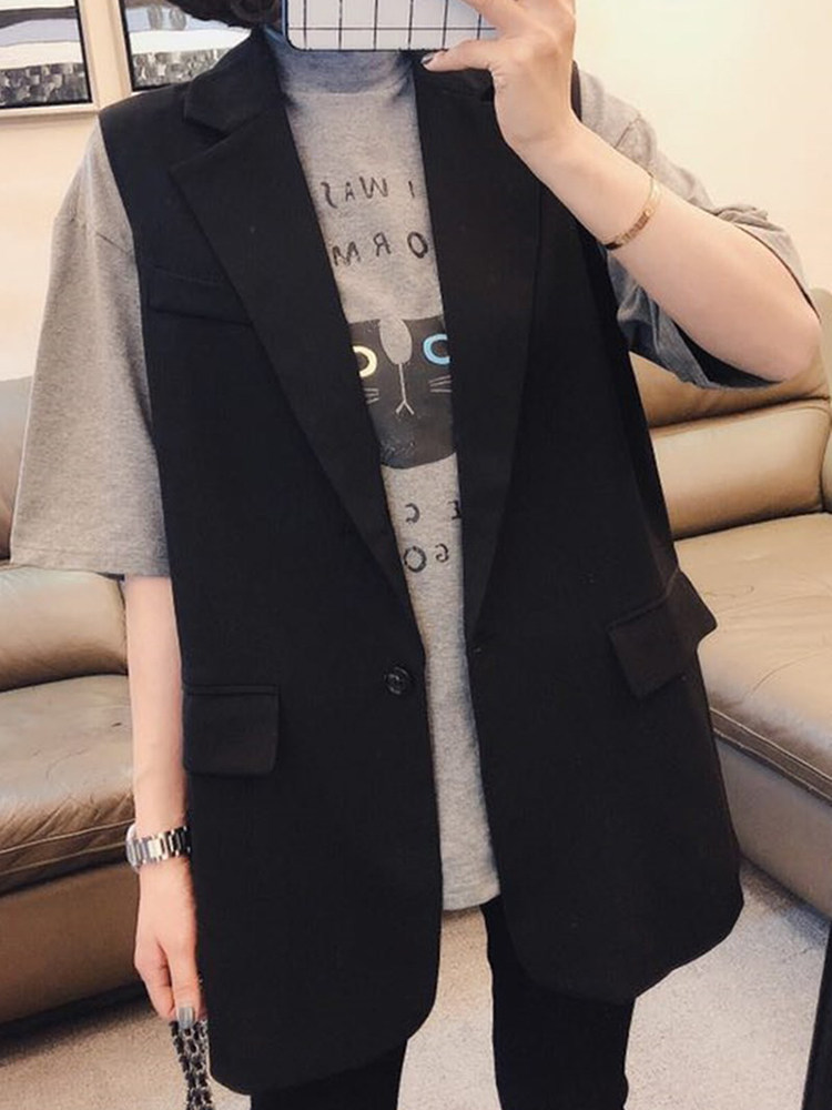 黑色女中长款马甲