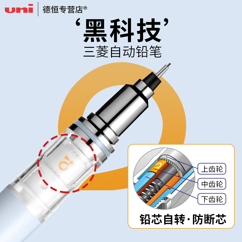 日本UNI三菱M5-559自动铅笔活动笔芯可自动旋转学生用写不断铅芯0.5mm黑科技摇摇出铅柔软握胶二倍转速1009