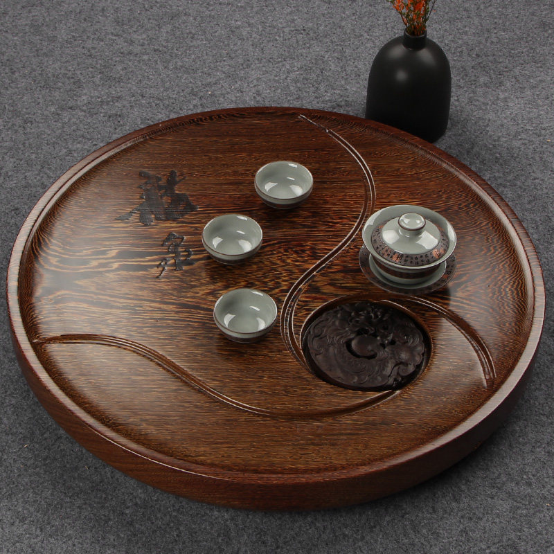桃花里整块天然鸡翅木实木茶盘单层大号圆形红木茶台功夫茶具茶海