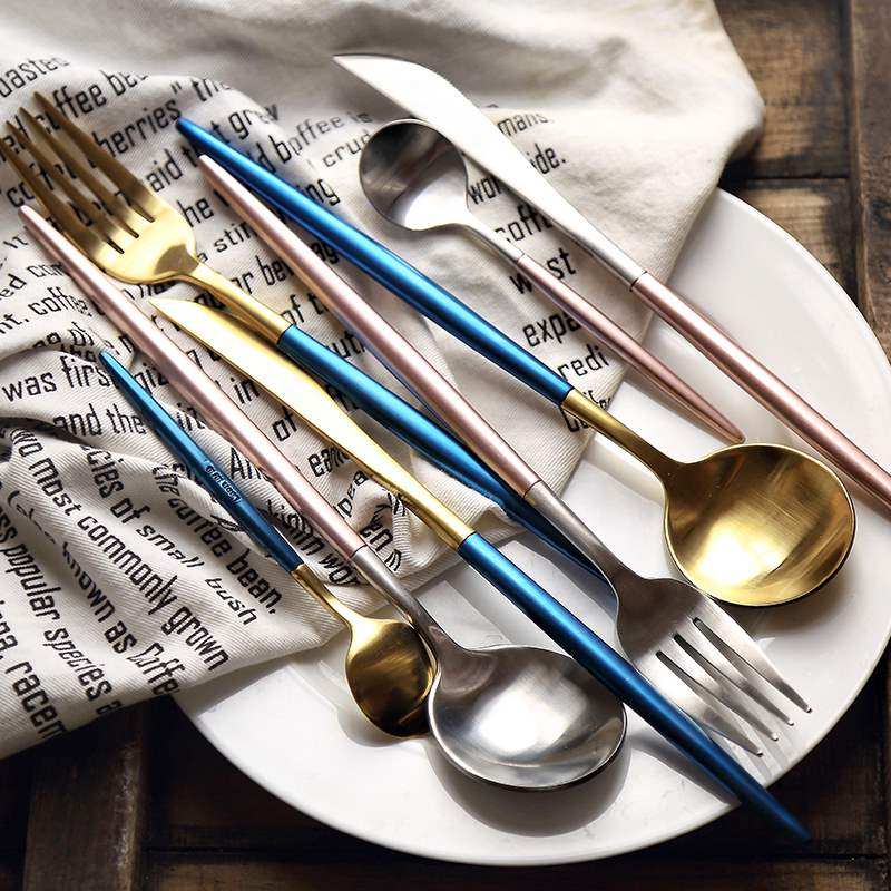 桔梗家蓝色拉丝金色leon不锈钢西餐餐具套装甜点西餐餐叉