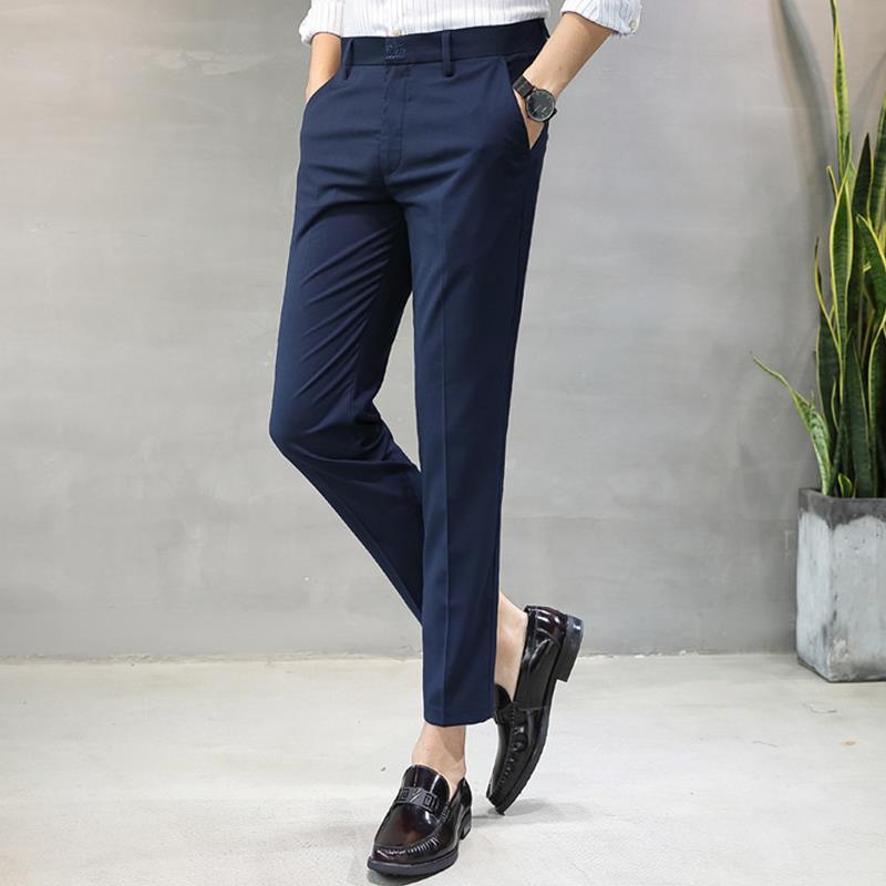 藏青色裤子男九分西装裤春夏薄款男士修身小脚休闲裤9分百搭西裤