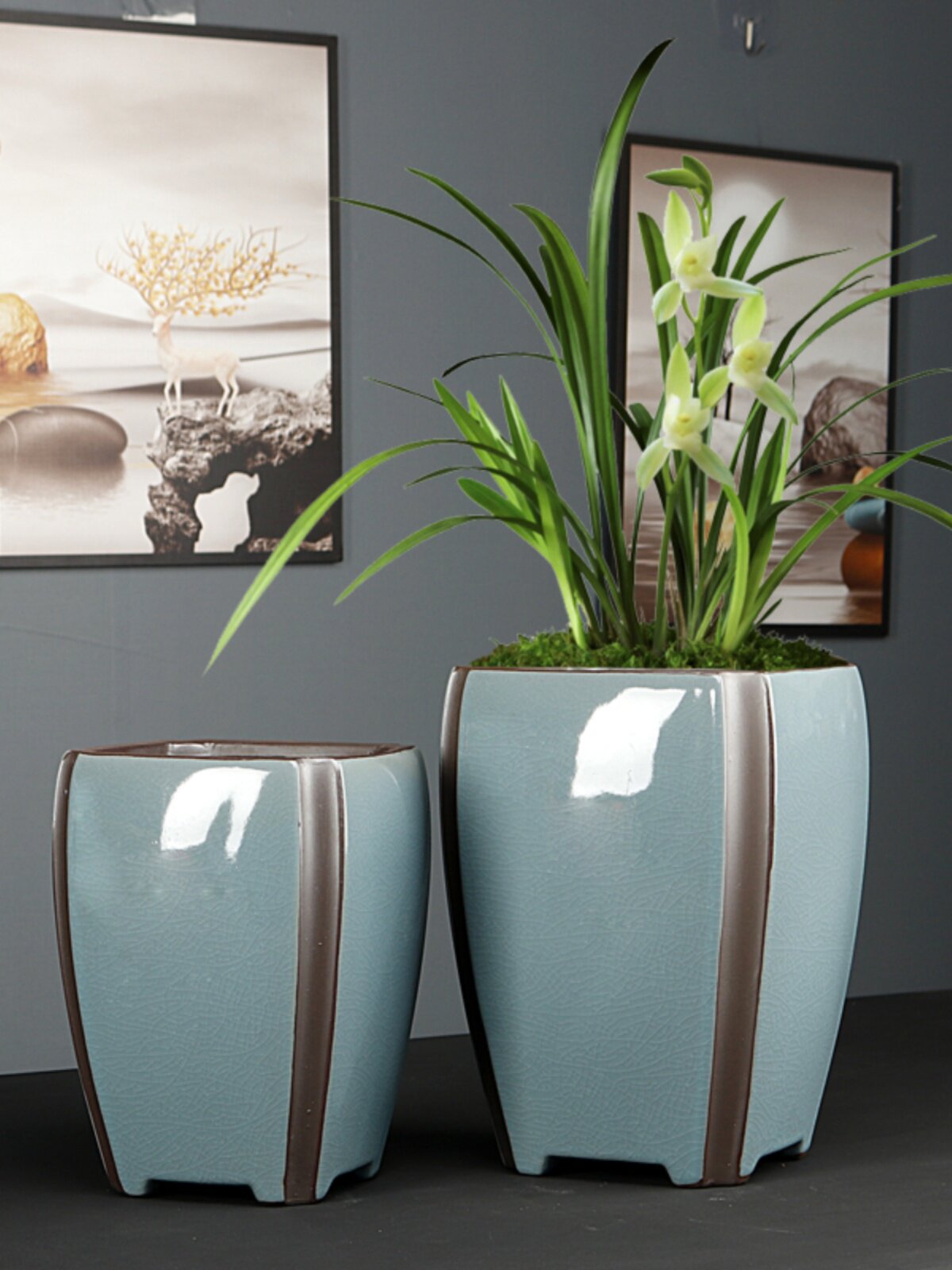 中式特大号兰花专用花盆哥窑开片陶瓷盆景高款室内绿植造景盆绿植