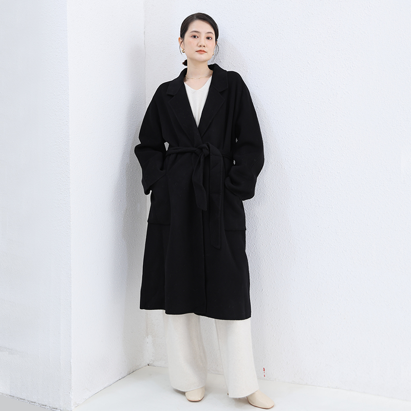 MIUZA设计师款100%羊毛大衣女中长款系带西装领呢子2023秋冬新款