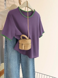 紫色正肩短袖t恤女夏夏季设计感小众2024新款半袖体恤上衣小个子