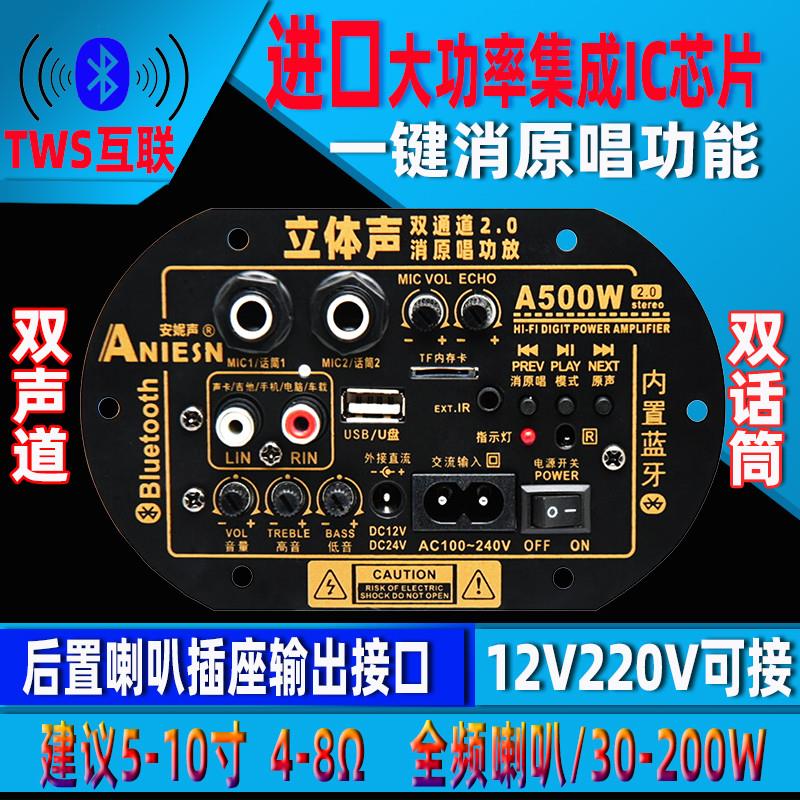 双话筒双声道消原唱蓝牙功放车载家用低音炮大功率主板12V220V