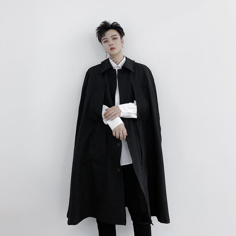 山本风暗黑宽松无袖斗篷披风男士中长款风衣潮男外套休闲翻领