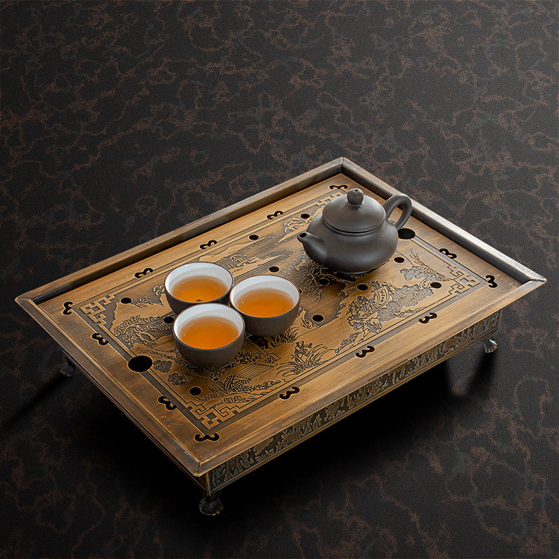 做旧纯铜茶盘家用茶海干泡台轻奢现代储水式小茶台沥水盘功夫茶具