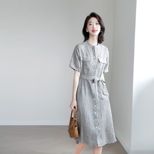 千鸟格连衣裙女夏季新款气质名媛高端设计感收腰小个子亚麻衬衫裙