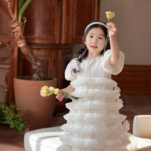 夏季女童白色蛋糕裙连衣服生日礼服公主裙仙女裙长裙六一网纱裙子
