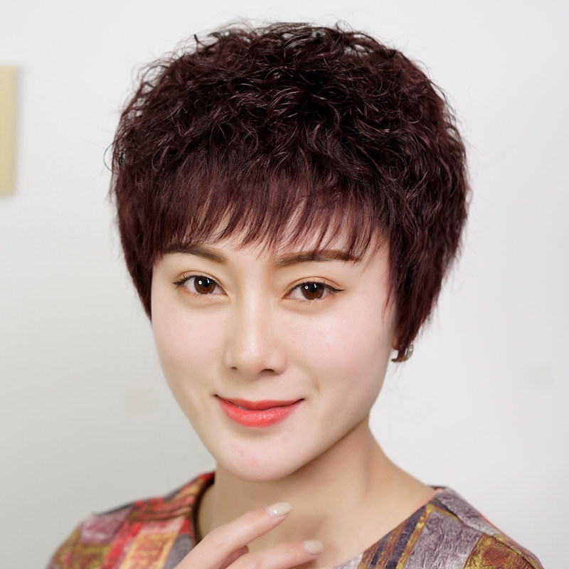 假发套女真人发丝时尚短发卷发持久烫真发头套全真自然光头全头套