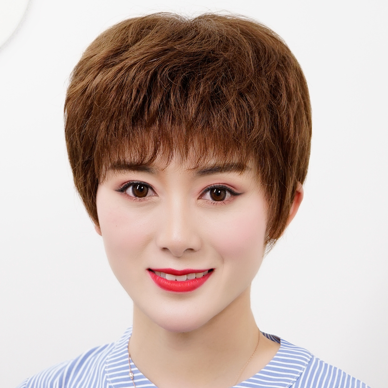 时尚年轻假发真发全真人发棕黄色蓬松短卷发夏季自然帅气全头套酷