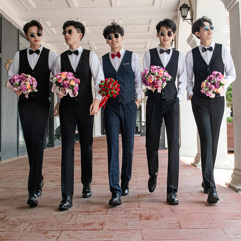 伴郎服兄弟装西式新郎结婚礼团服马甲衬衫衣服三件套西服套装夏季