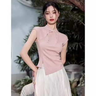 新中式领盘扣上衣夏季性感甜妹设计感小众复古正肩无袖修身t恤女