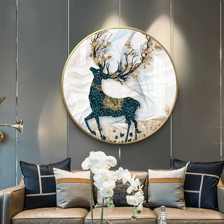 发财鹿圆形画轻奢入门玄关挂画客厅沙发背景墙装饰画入户客厅壁画