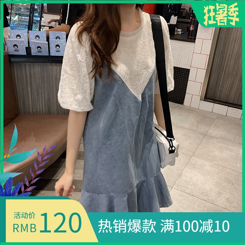 赫本风蕾丝泡泡袖牛仔拼接连衣裙女夏减龄小个子宽松显瘦鱼尾裙子在类目 女装/女士精品, 连衣裙中 - 来自Buy2taobao.com提供专业的淘宝代购服务