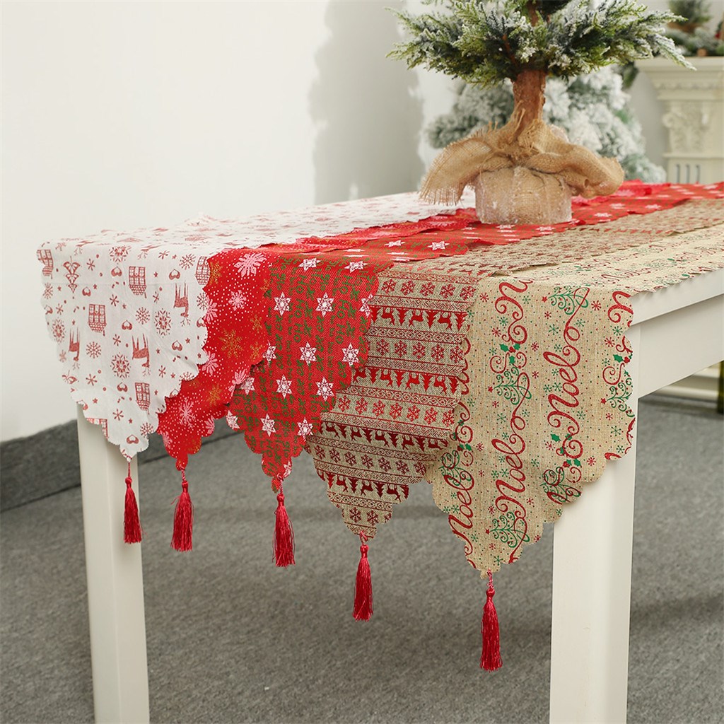 Christmas Decor Linen Printed Table Flag Tassel Tablecloth