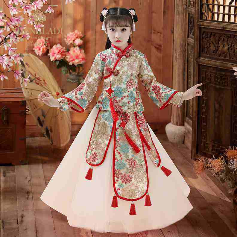 女童汉服冬季中国风古装儿童唐装棉袄连衣裙拜年服旗袍装古筝演出