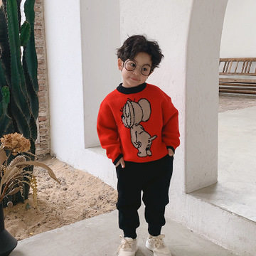 毛衣红色女童_韩版卡通男童鼠年拜年红色毛衣加厚女童小老鼠提花针织