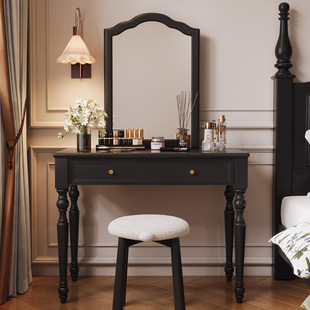 美式复古梳妆台主卧室黑色高级感小户型实木中古风化妆台化妆桌