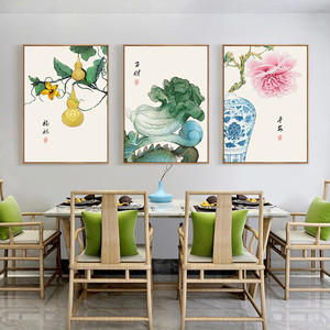 新中式餐厅装饰画饭厅厨房壁画饭店歺厅挂画三联画客厅墙画水果画