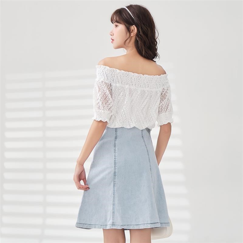 ief/爱依服一字肩连衣裙2020夏季气质轻熟风蕾丝拼接牛仔a字包裙