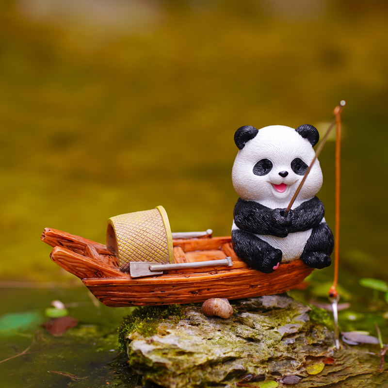 创意熊猫钓鱼坐小船摆件假山流水微景观盆景水族箱鱼缸造景装饰品
