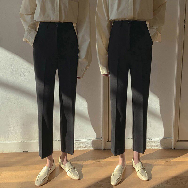 西装裤女春夏季高腰上班职业宽松九分直筒烟管裤显瘦黑色通勤裤子