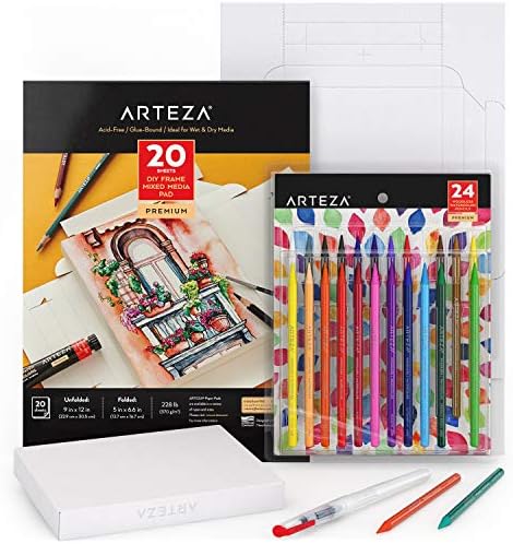 Arteza 水彩绘画艺术套装 无木水彩铅笔 24 和可折叠帆布纸套装 D