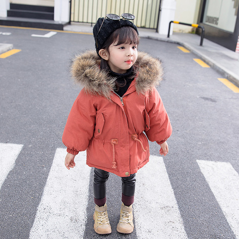 女童棉服2019秋冬新款韩版中长款儿童洋气红色加厚羽绒棉派克服冬