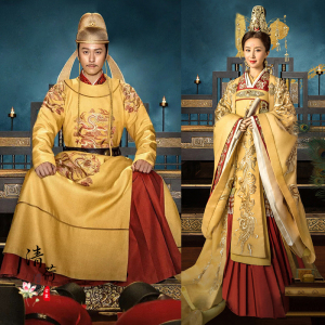 影视古装天下长安同款古装李世民同款皇帝服皇后服唐朝金色龙袍女