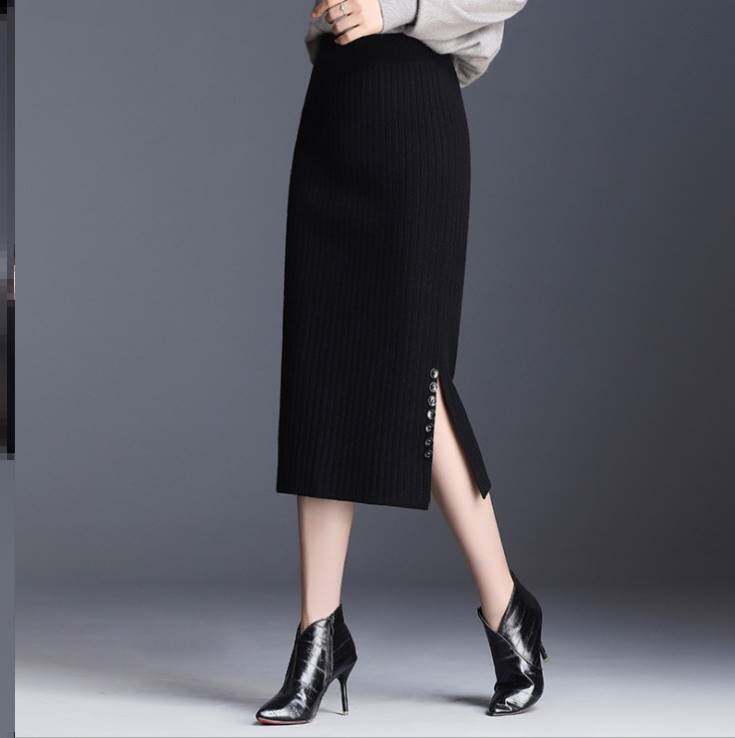 半身秋冬裙针织高毛线裙子新款中长裙显一步腰裙女2021瘦包臀开叉