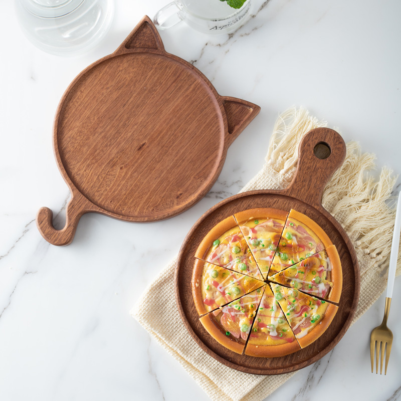 实木圆形披萨盘乌檀木披萨板带手柄水果面包板蛋糕托盘烘焙餐具