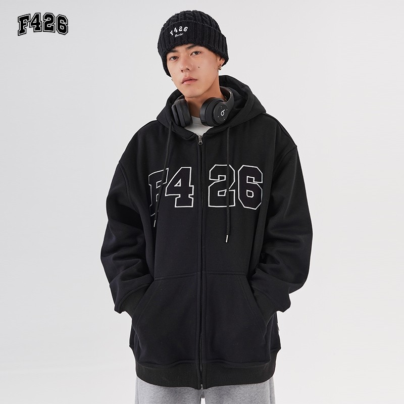 【99新】F426国潮卫衣，黑色L码，宽松加绒款，连帽拉链，