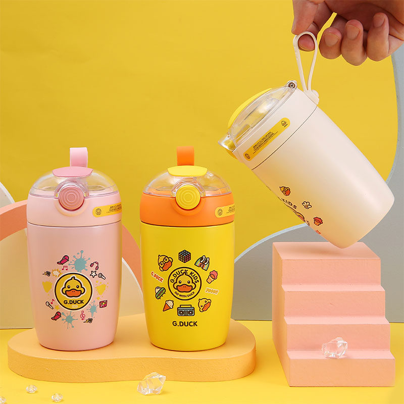 带吸管小黄鸭保温杯不锈钢儿童水杯小学生便携水壶隔热杯迷你容量