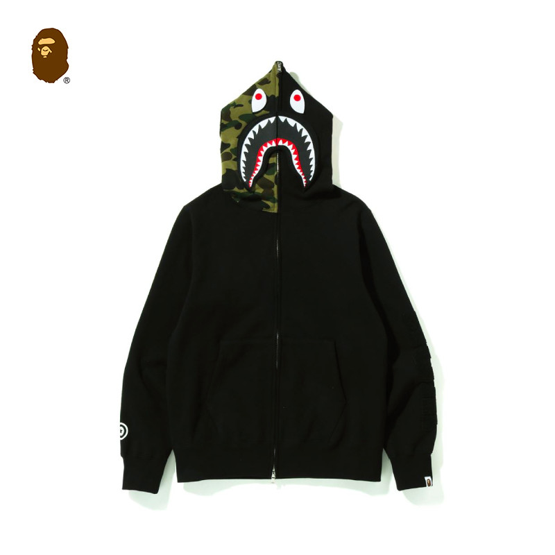 bape男装秋冬鲨鱼wgm字母贴布迷彩拼接连帽卫衣外套115013h