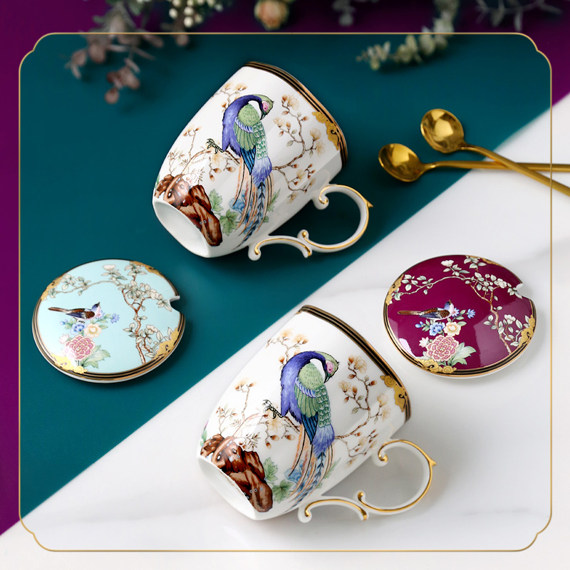 中式百鸟朝凤大容量陶瓷水杯创意潮流马克杯带盖勺家用花茶茶杯