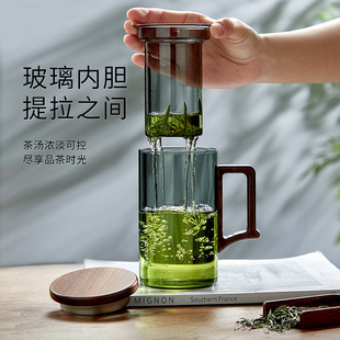 日式泡茶杯办公室茶水分离玻璃杯子带过滤个人专用新款花绿茶杯