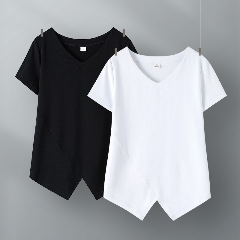白色v领上衣女夏季不规则下摆小众设计感气质洋气体恤短款短袖t恤