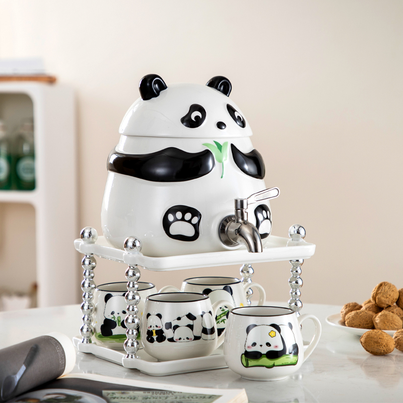 家用熊猫水具套装可爱陶瓷耐高温冷热水壶带龙头凉白开杯子架子桶