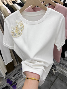 改良新中式国风短袖T恤女夏季新款显瘦体恤复古白色刺绣盘扣上衣