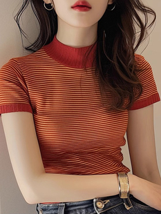 橘红色条纹针织短袖T恤女夏季新款修身体恤时尚减龄百搭冰丝上衣