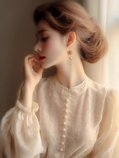 法式优雅气质蕾丝边立领雪纺衬衫女设计感小众别致灯笼袖雪纺衫